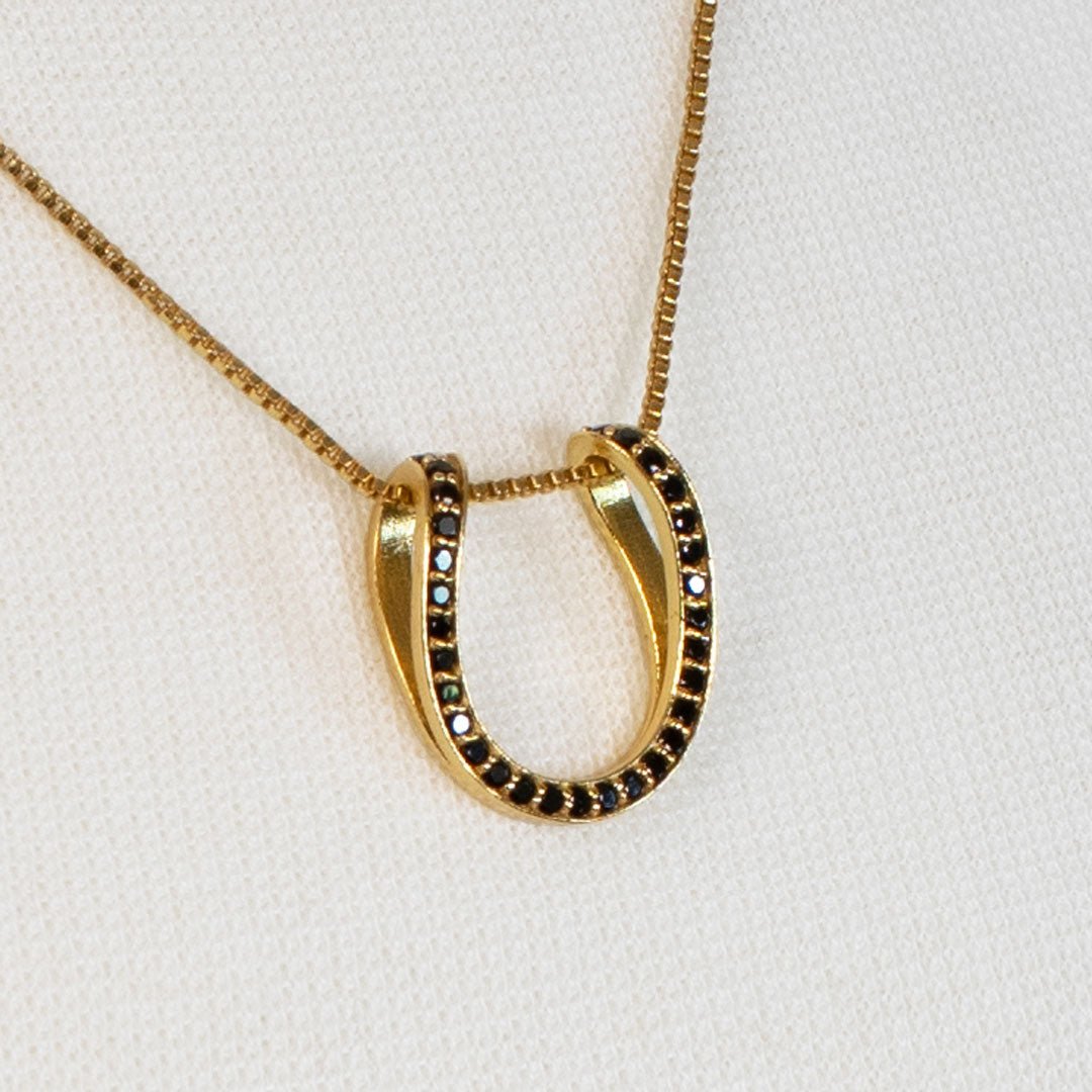 Urban Equestrian - Levade - Black Moissanite Horseshoe Equestrian Necklace in Gold