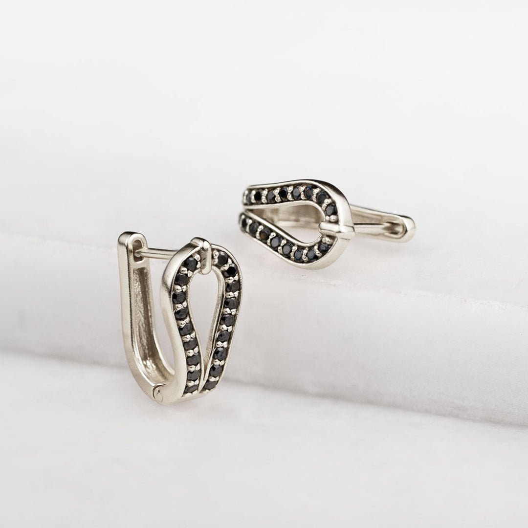 Urban Equestrian - Levade - Moissanite Black Stone Sterling Silver Horseshoe Earring
