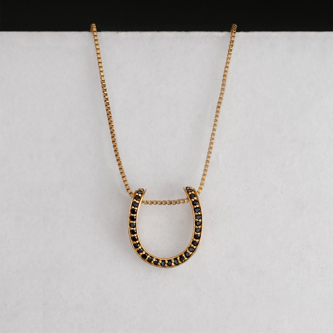 Urban Equestrian - Levade - Black Moissanite Horseshoe Equestrian Necklace in Gold