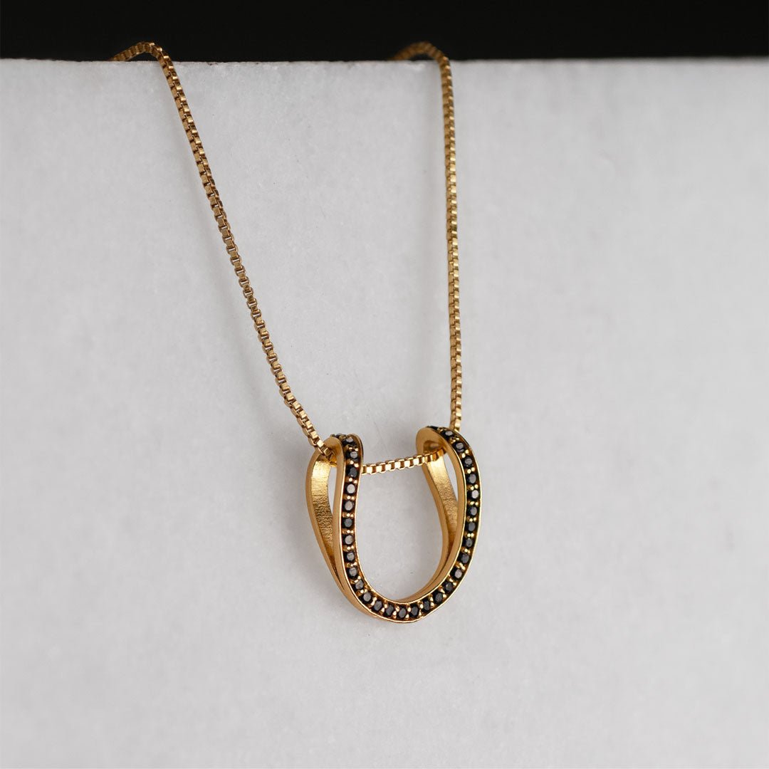 Urban Equestrian - Levade - Black Moissanite Horseshoe Equestrian Necklace in Gold