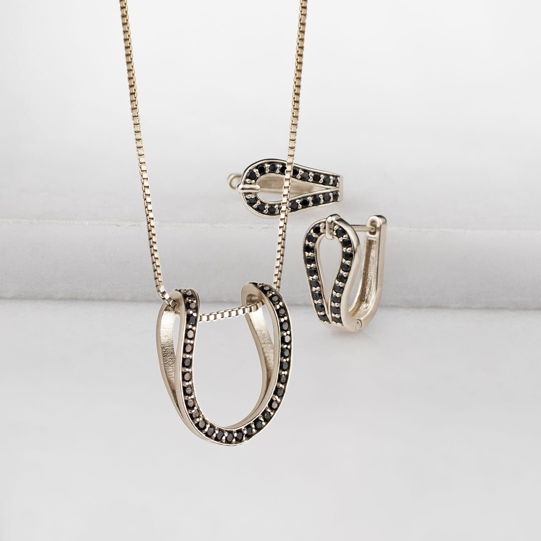 Urban Equestrian - Levade - Black Moissanite Horseshoe Equestrian Necklace in Silver