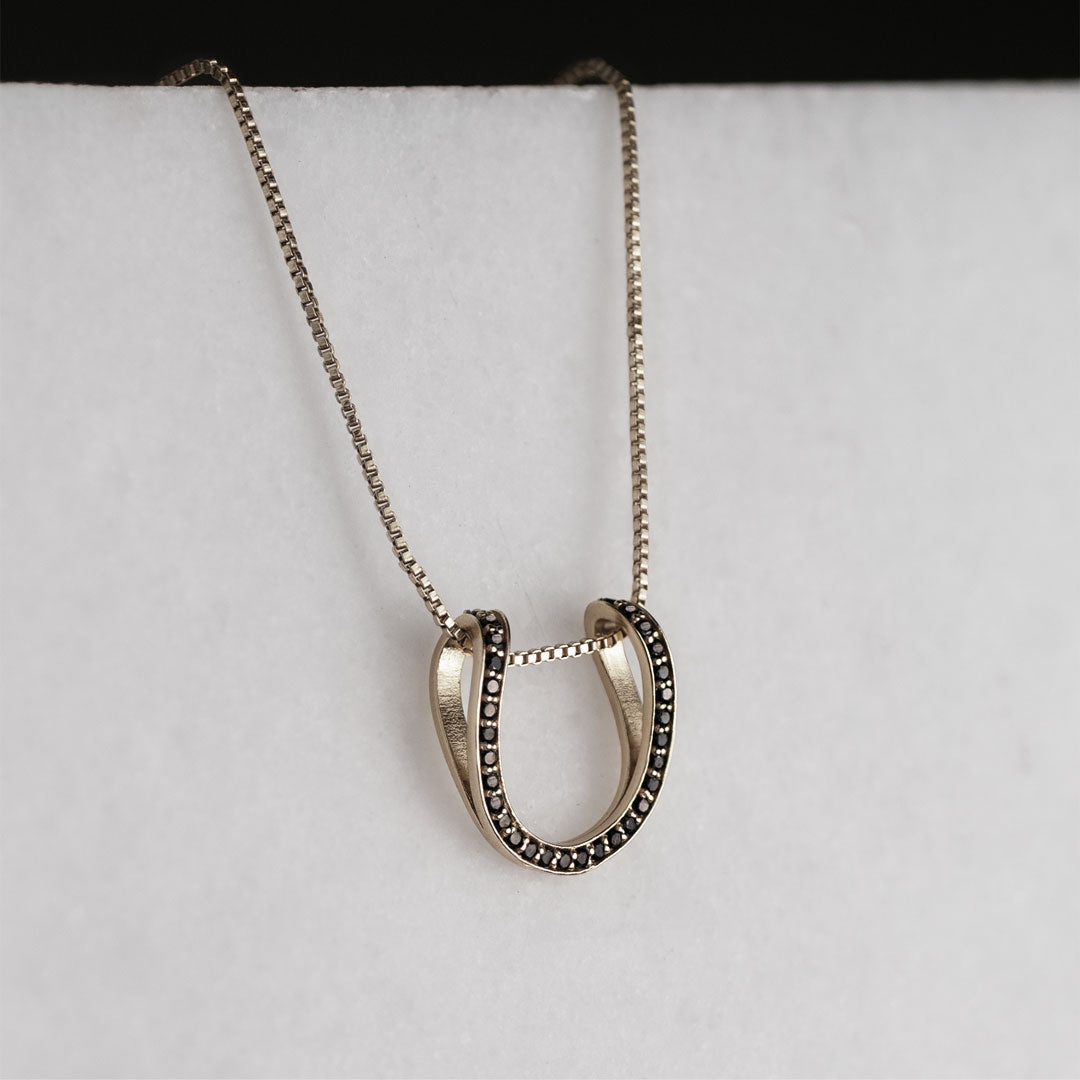 Urban Equestrian - Levade - Black Moissanite Horseshoe Equestrian Necklace in Silver