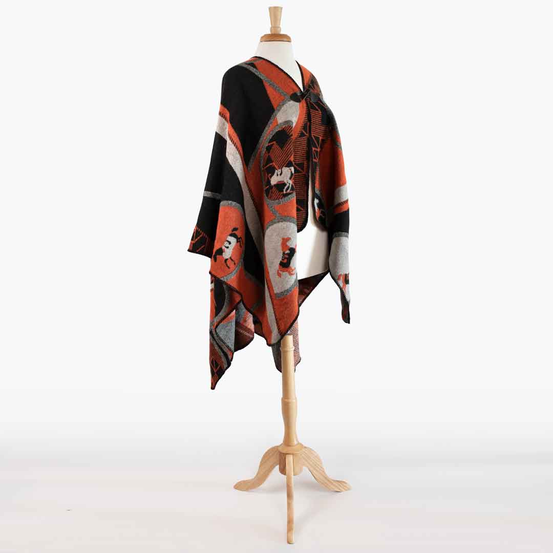 Urban Equestrian Adina -  Equestrian Motif Shawl in Tangerine, Charcoal and Black Luxe Wrap