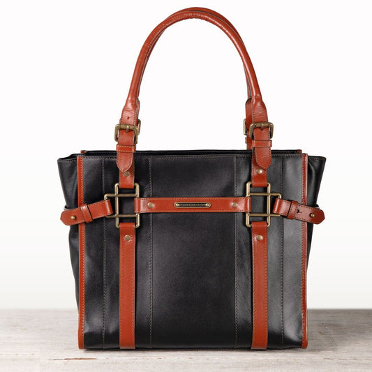Urban Equestrian Paddock -  Halter Tote Luxury Leather Handbag in Cognac on Black
