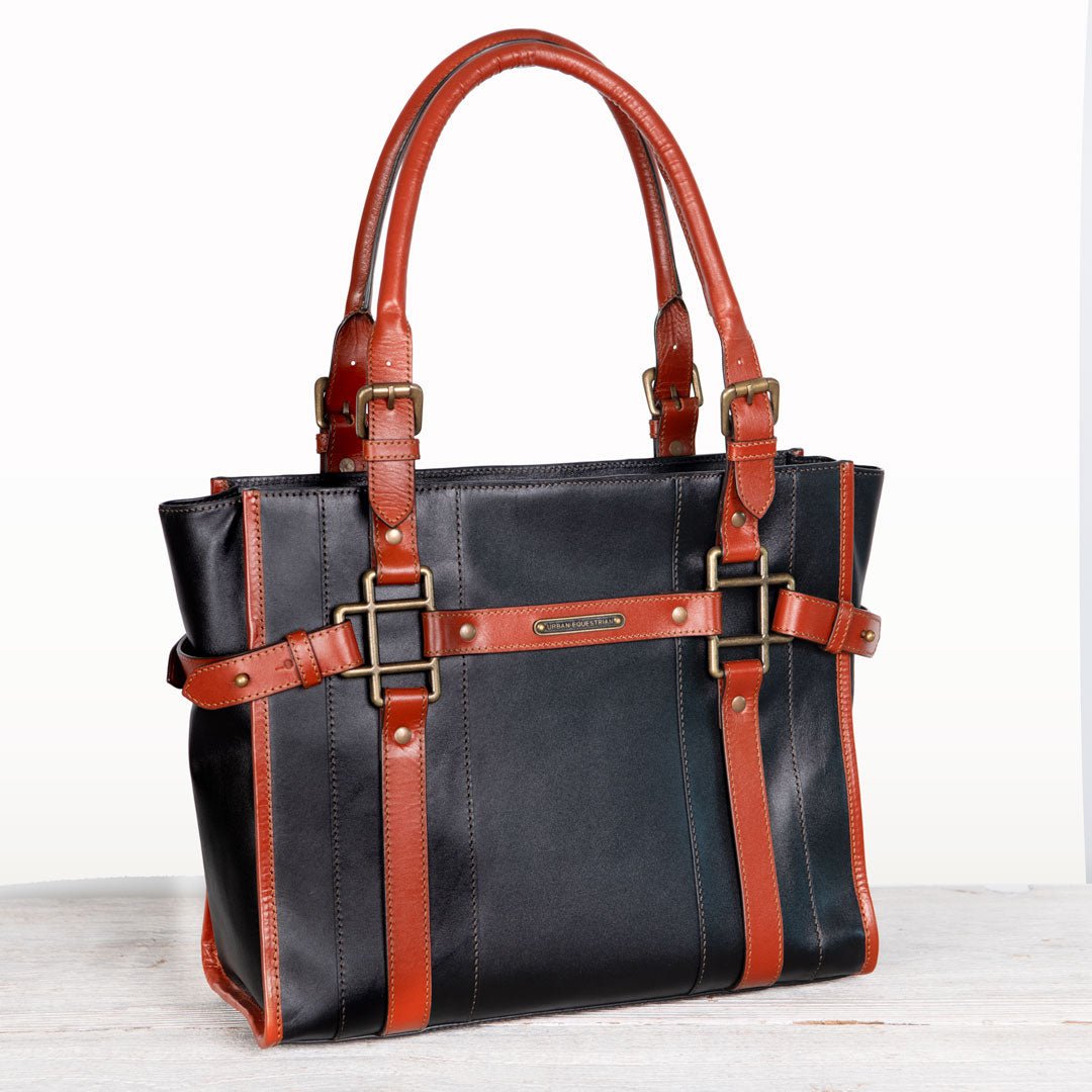 Urban Equestrian Paddock -  Halter Tote Luxury Leather Handbag in Cognac on Black