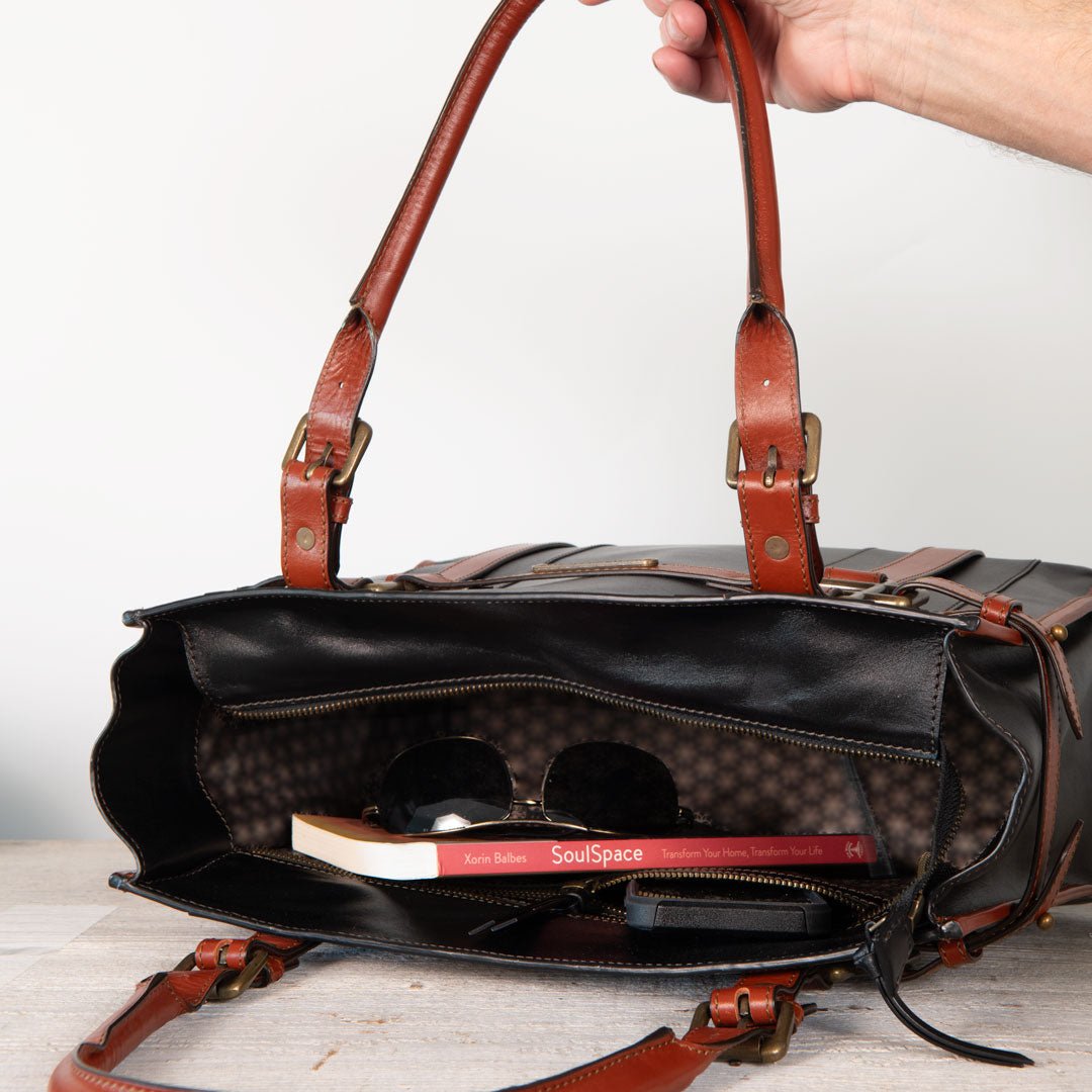Urban Equestrian Paddock -  Halter Tote Luxury Leather Handbag in Cognac on Black