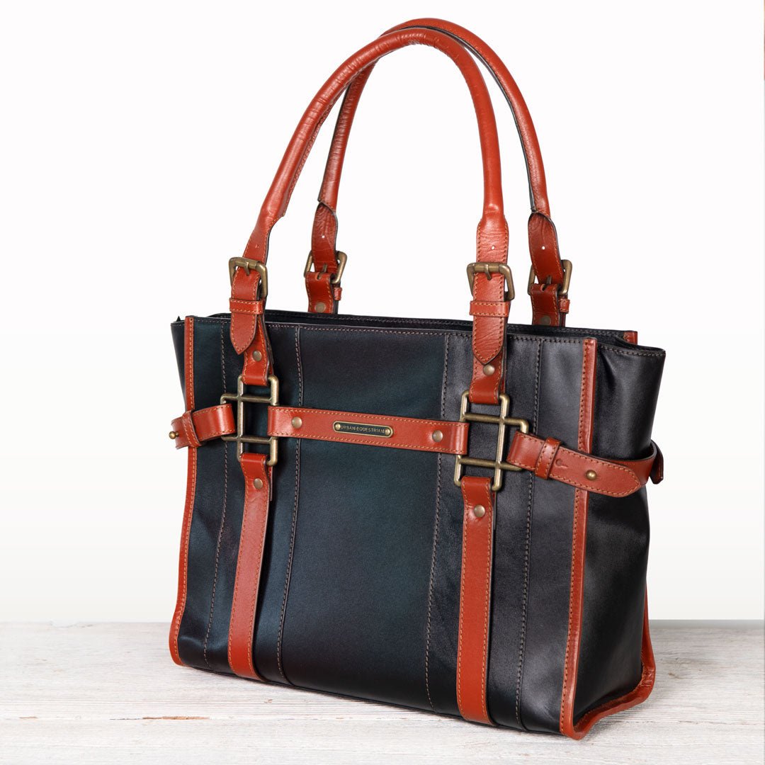Urban Equestrian Paddock -  Halter Tote Luxury Leather Handbag in Cognac on Black