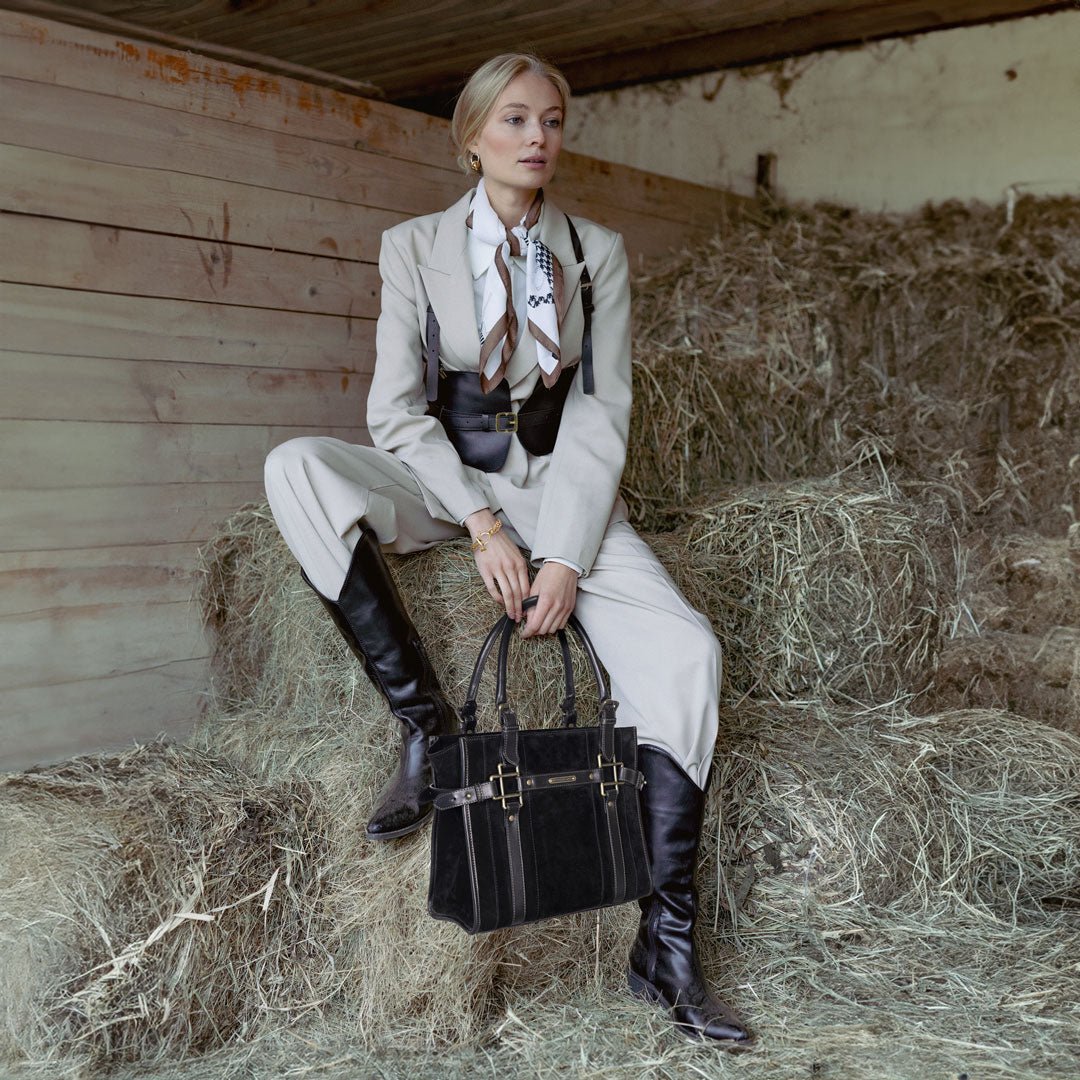 Urban Equestrian Paddock -  Halter Tote Luxury Leather Handbag in Black on Black