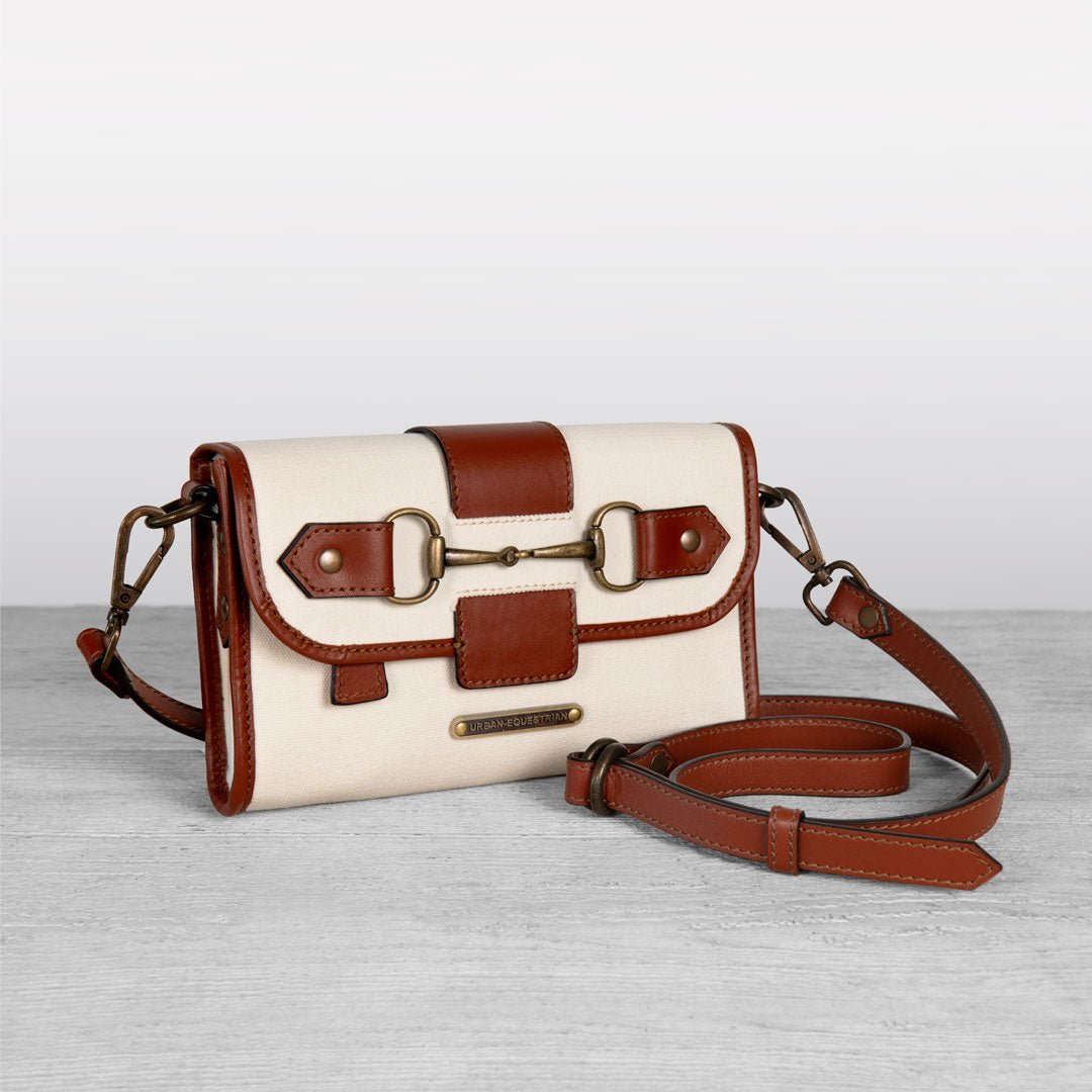 Urban Equestrian Dalton - Horse Bit Crossbody Luxury Leather Handbag in Cognac on Ivory