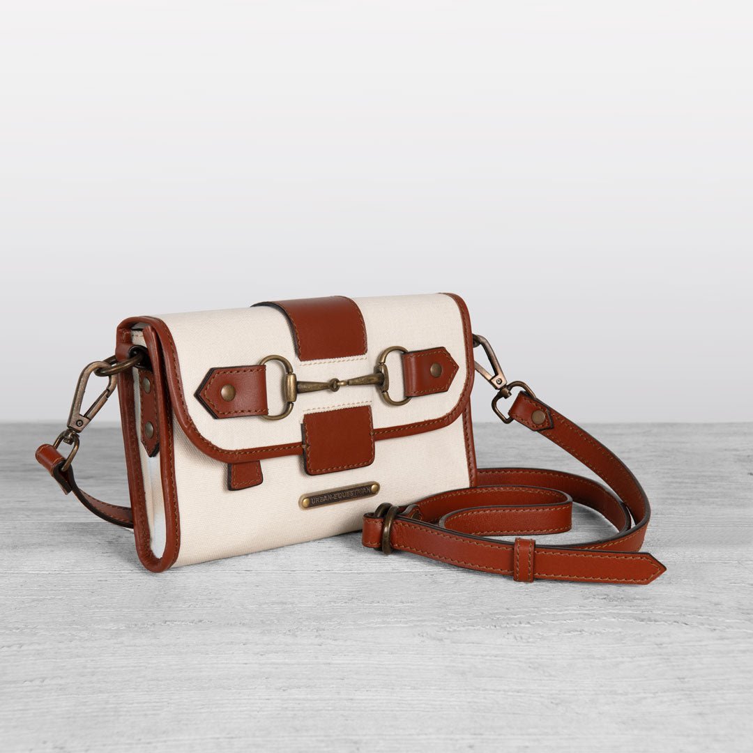 Urban Equestrian Dalton - Horse Bit Crossbody Luxury Leather Handbag in Cognac on Ivory