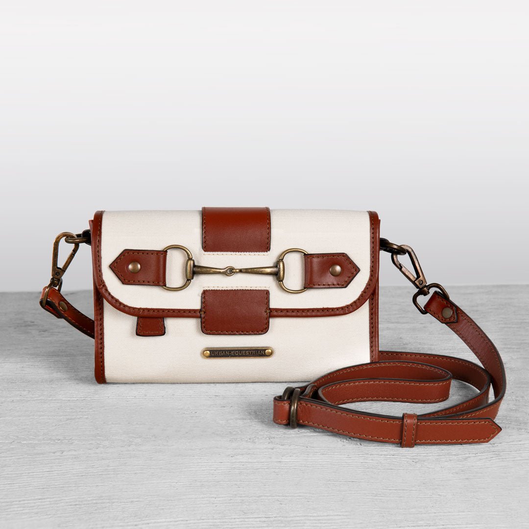 Urban Equestrian Dalton - Horse Bit Crossbody Luxury Leather Handbag in Cognac on Ivory