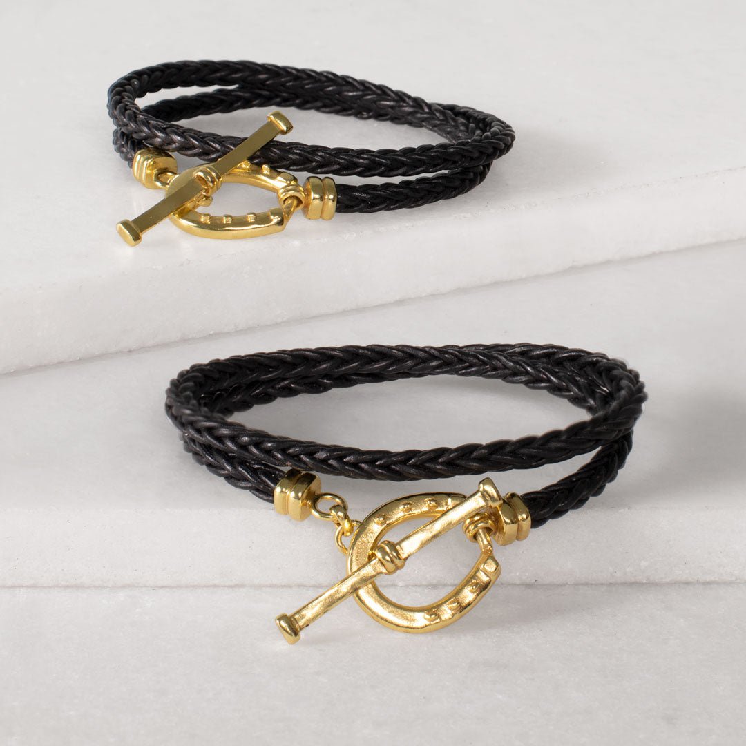 Urban Equestrian - Roundup - Braided Leather Horseshoe Bracelet in Black & Gold