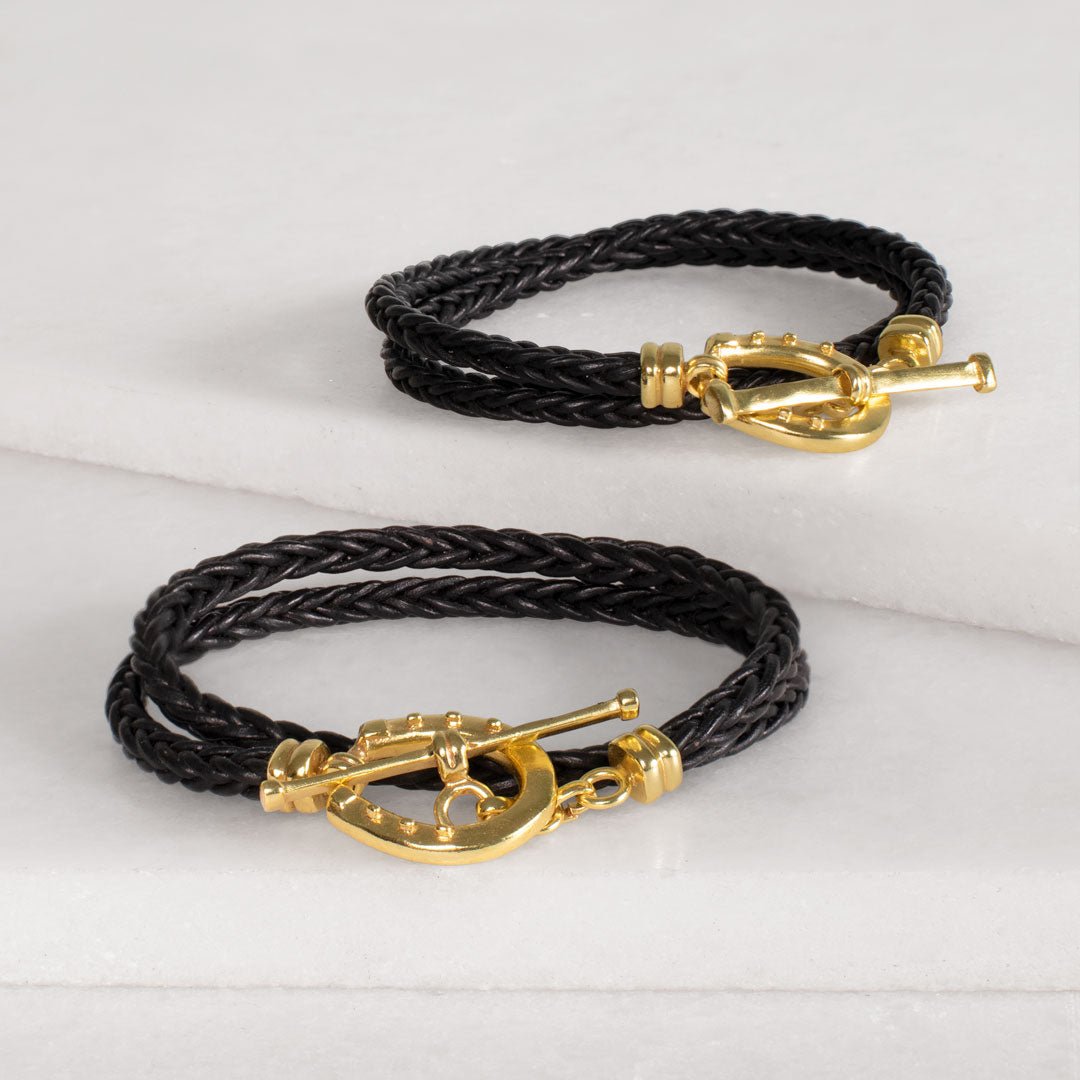 Urban Equestrian - Roundup - Braided Leather Horseshoe Bracelet in Black & Gold