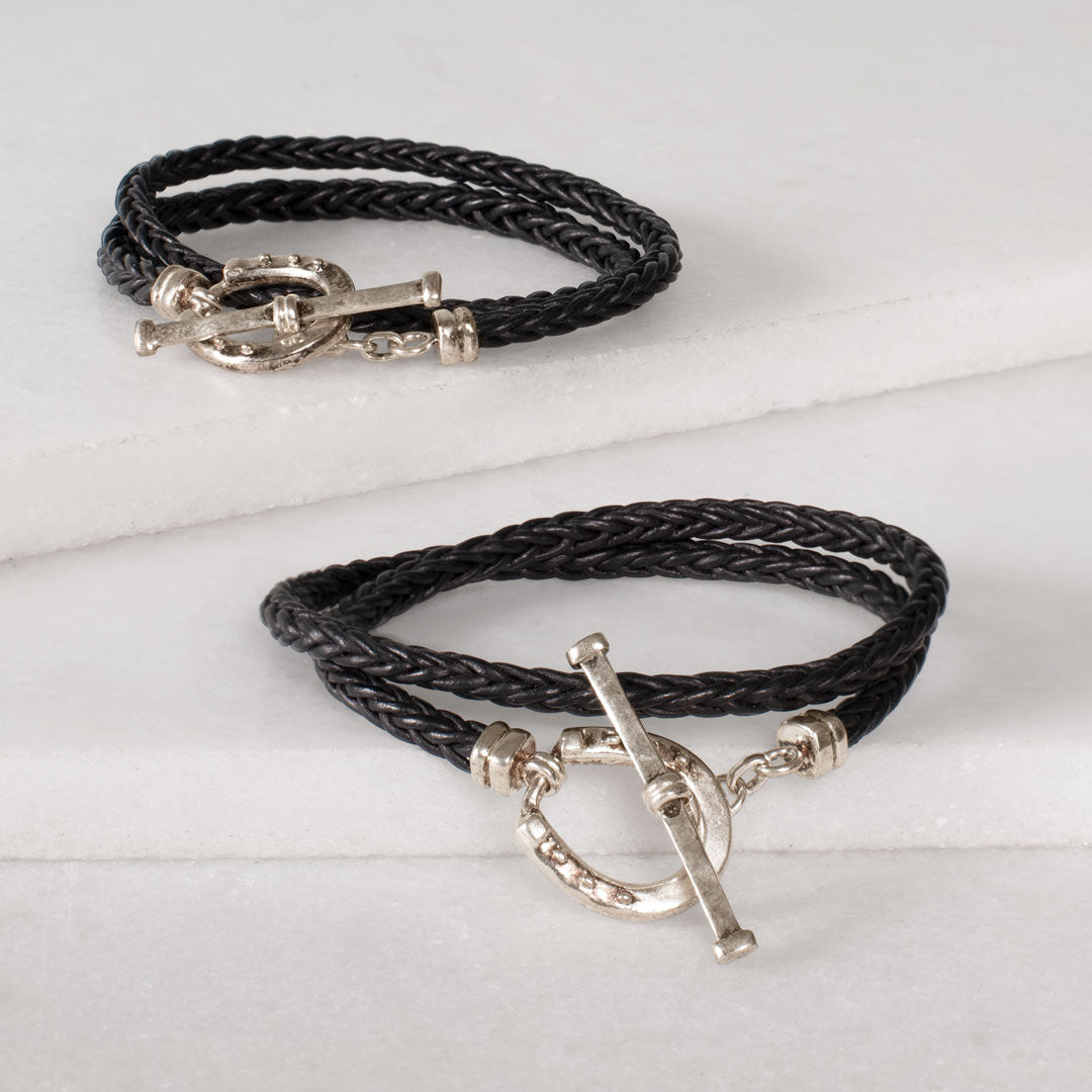 Urban Equestrian - Roundup - Braided Leather Horseshoe Bracelet in Black & Silver