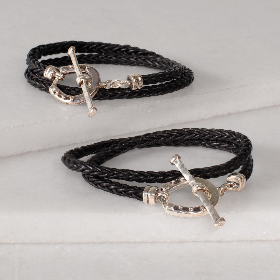 Urban Equestrian - Roundup - Braided Leather Horseshoe Bracelet in Black & Silver