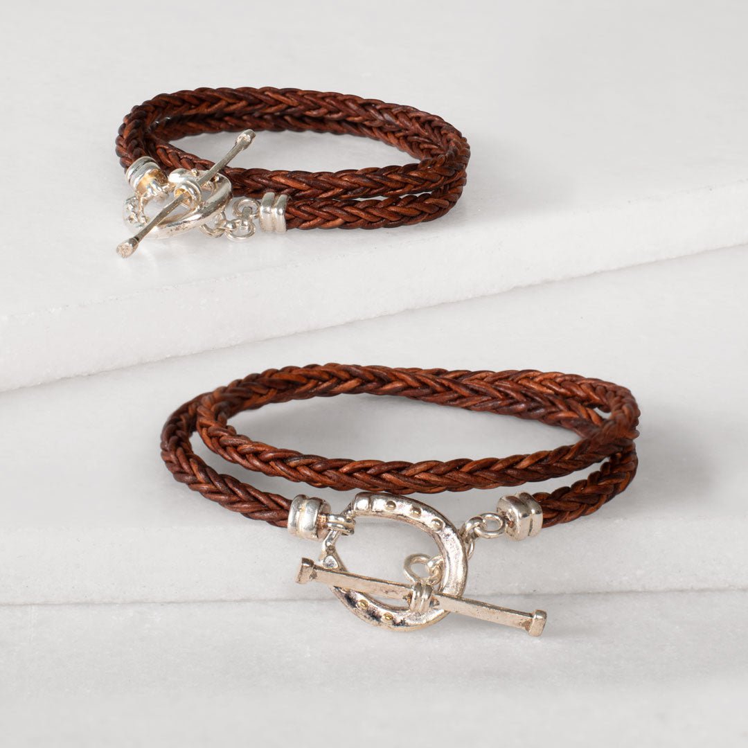 Urban Equestrian - Roundup - Braided Leather Horseshoe Bracelet in Brown & Silver