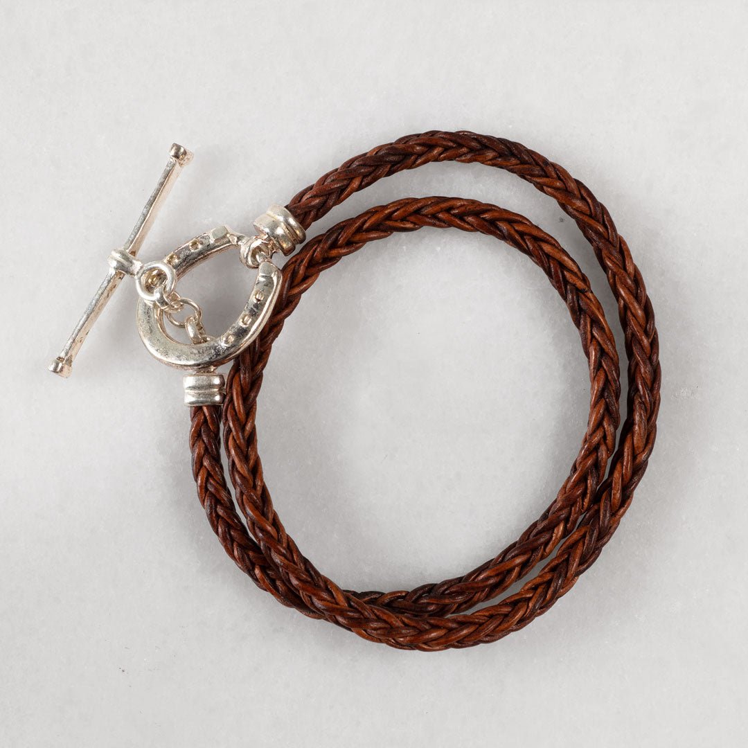 Urban Equestrian - Roundup - Braided Leather Horseshoe Bracelet in Brown & Silver