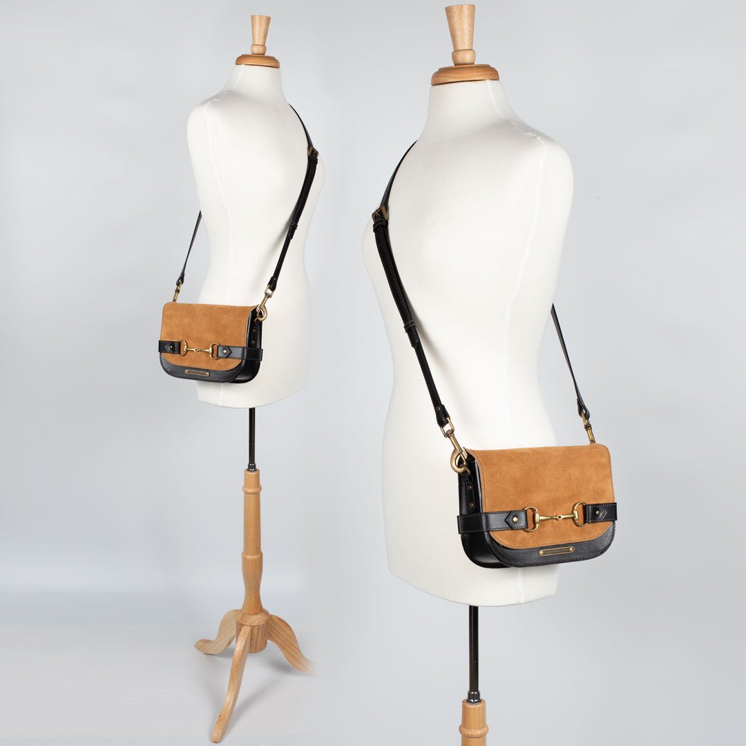 Urban Equestrian Saratoga- Horse Bit Crossbody Luxury Leather Handbag in Black on Chestnut