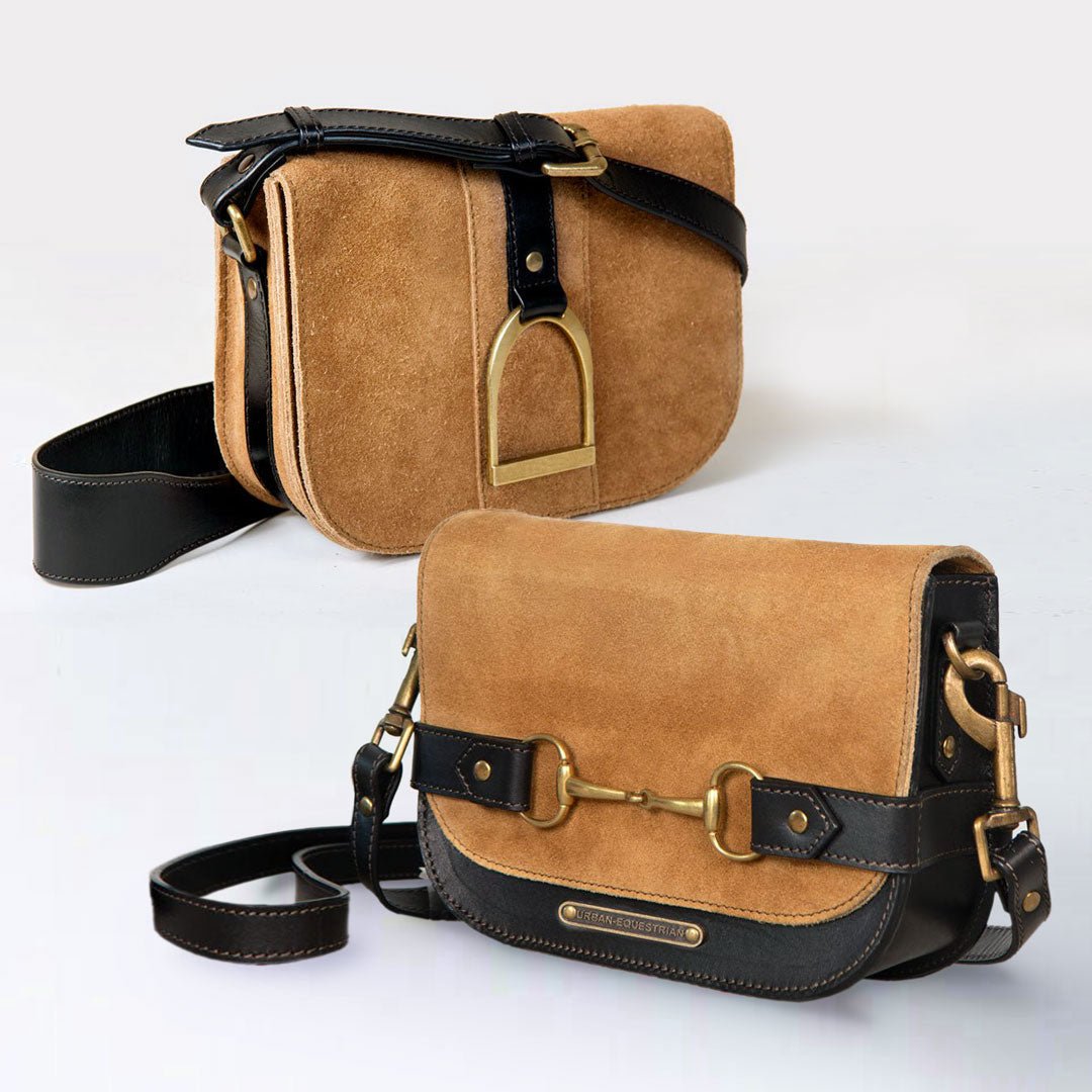 Urban Equestrian Saratoga- Horse Bit Crossbody Luxury Leather Handbag in Black on Chestnut