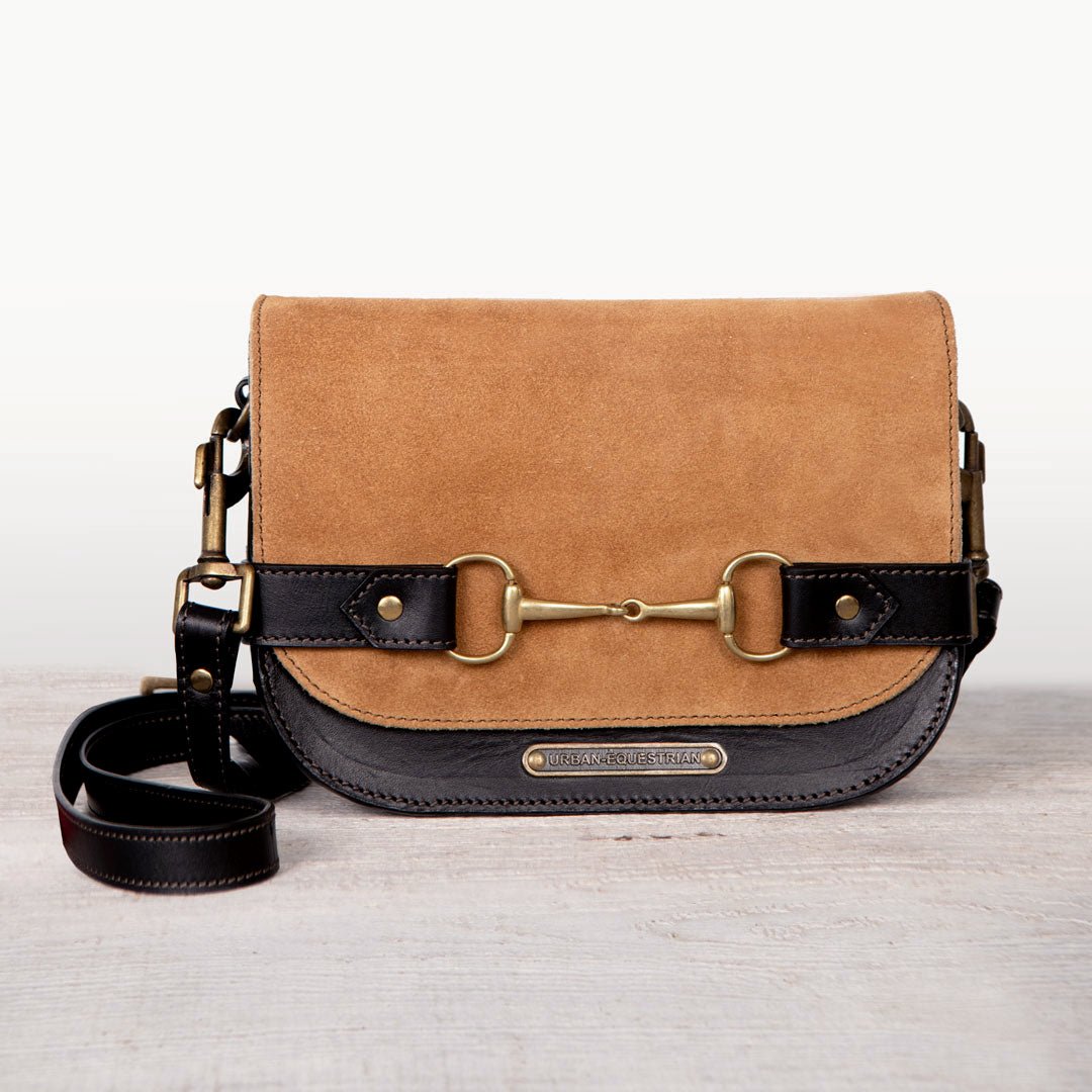 Urban Equestrian Saratoga- Horse Bit Crossbody Luxury Leather Handbag in Black on Chestnut