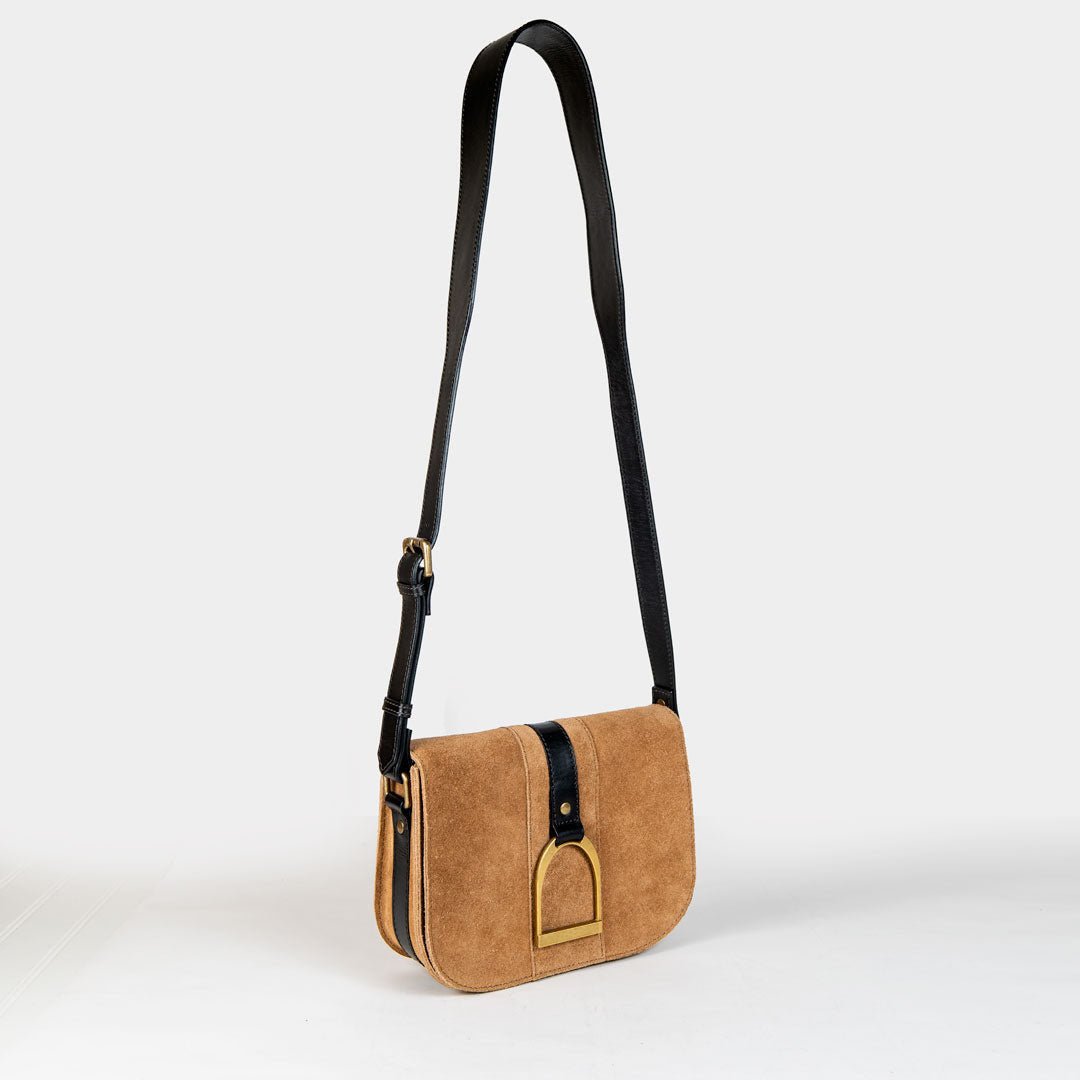Urban Equestrian Signature Stirrup - Riding Stirrup Crossbody Luxury Leather Handbag in Black on Chestnut