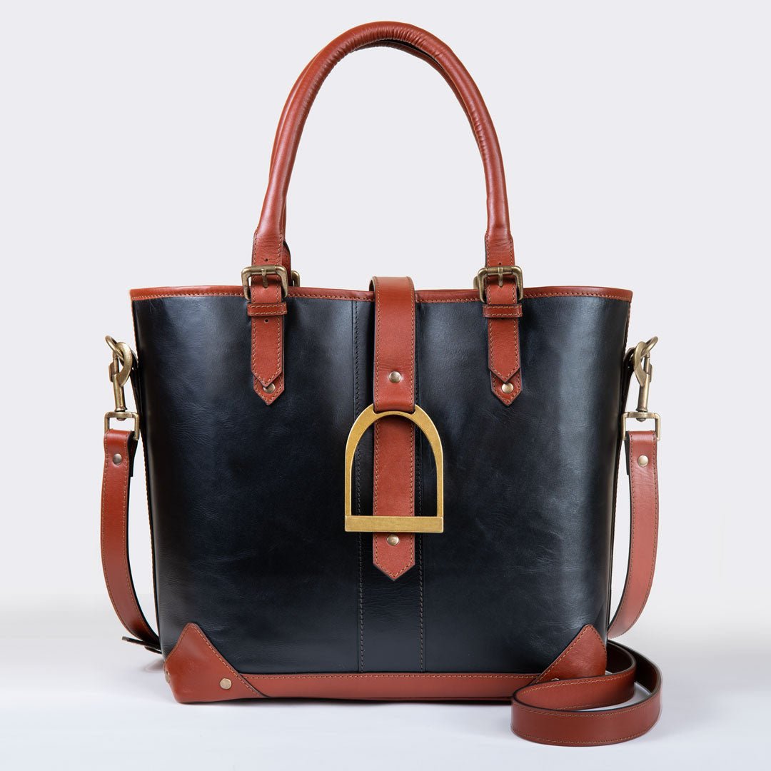 Urban Equestrian Signature - Riding Stirrup Tote Luxury Leather Handbag in Cognac on Black