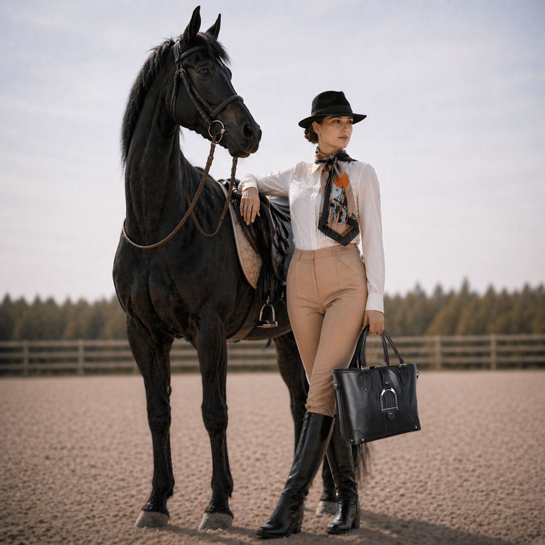 Urban Equestrian Signature - Riding Stirrup Tote Luxury Leather Handbag in Black
