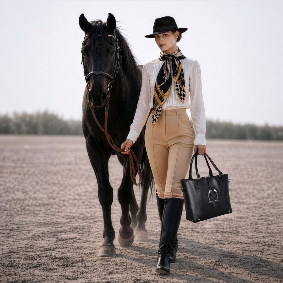 Urban Equestrian Signature - Riding Stirrup Tote Luxury Leather Handbag in Black