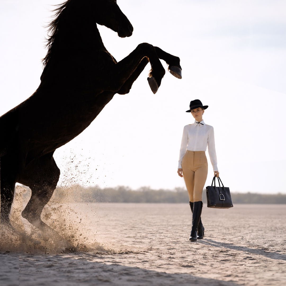 Urban Equestrian Signature - Riding Stirrup Tote Luxury Leather Handbag in Black