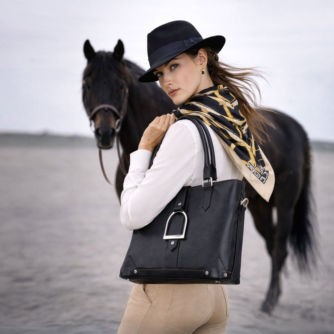 Urban Equestrian Signature - Riding Stirrup Tote Luxury Leather Handbag in Black