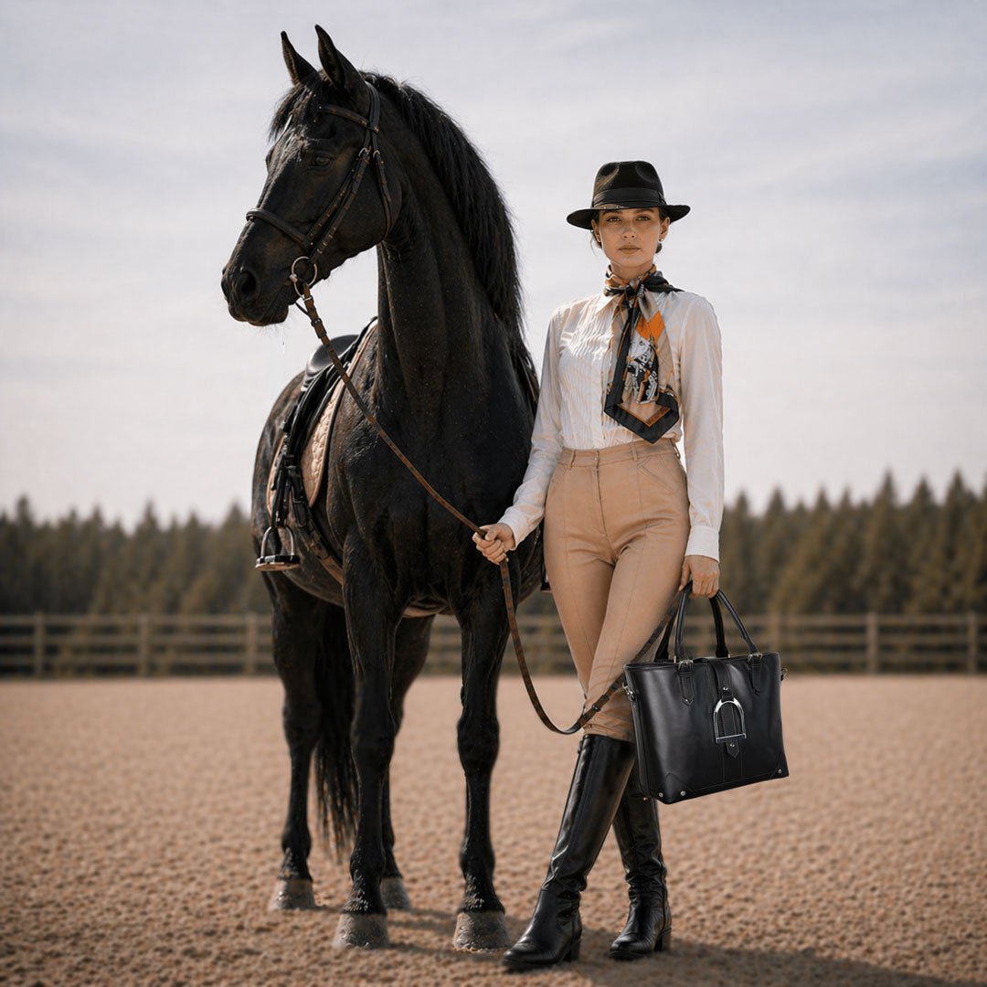 Urban Equestrian Signature - Riding Stirrup Tote Luxury Leather Handbag in Black