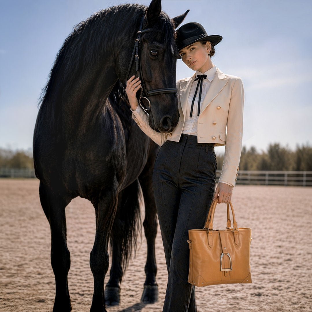 Urban Equestrian Signature - Riding Stirrup Tote Luxury Leather Handbag in Caramel