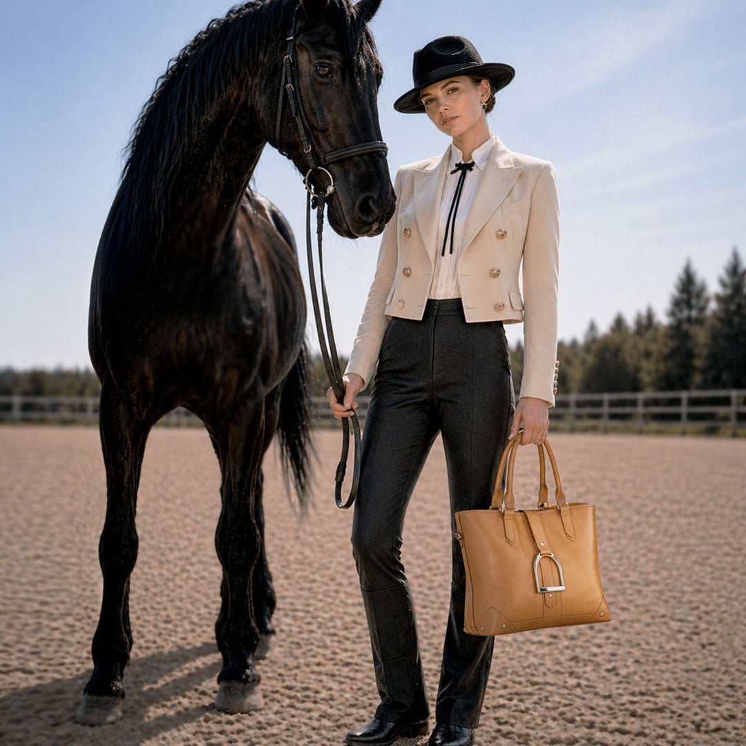 Urban Equestrian Signature - Riding Stirrup Tote Luxury Leather Handbag in Caramel