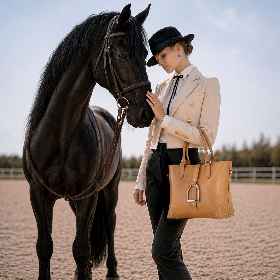 Urban Equestrian Signature - Riding Stirrup Tote Luxury Leather Handbag in Caramel