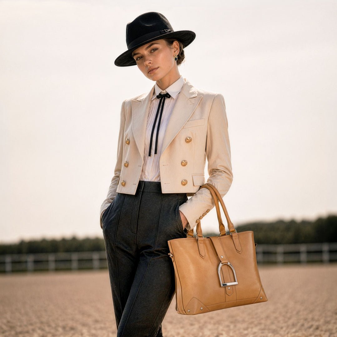 Urban Equestrian Signature - Riding Stirrup Tote Luxury Leather Handbag in Caramel