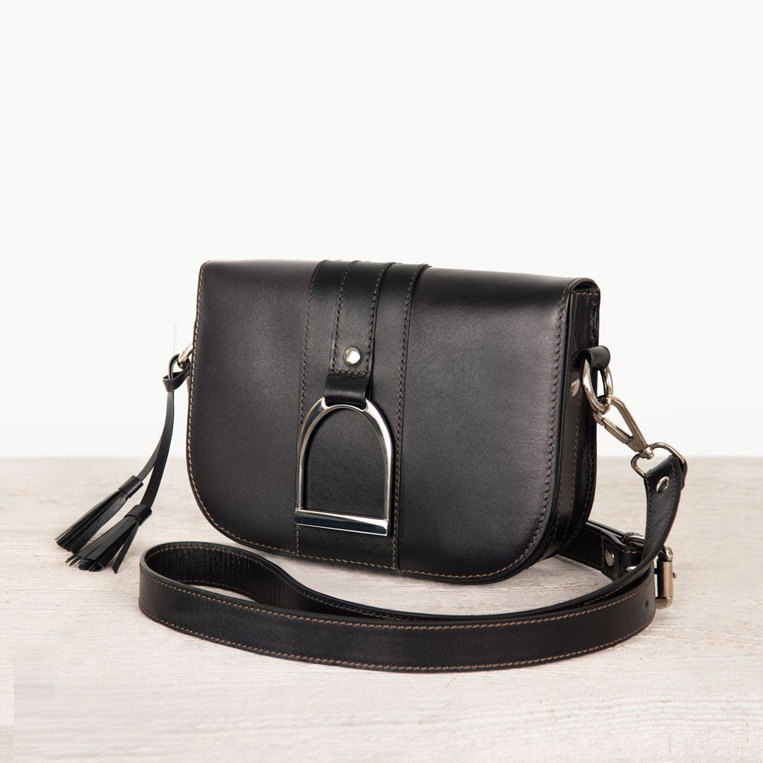 Urban Equestrian Signature Stirrup - Riding Stirrup Crossbody Luxury Leather Handbag in Black