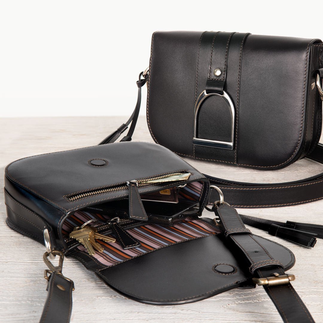 Urban Equestrian Signature Stirrup - Riding Stirrup Crossbody Luxury Leather Handbag in Black