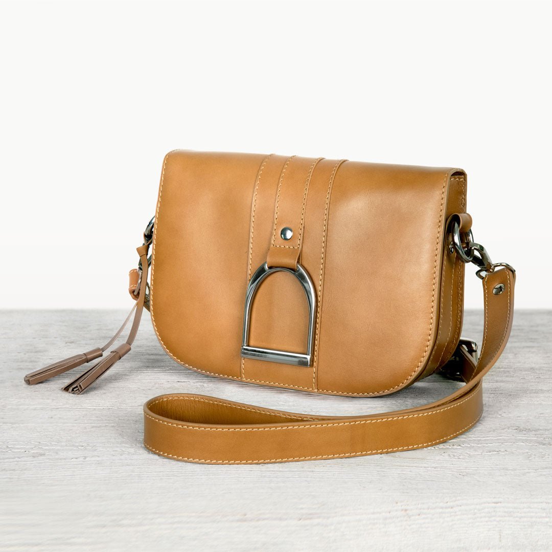Urban Equestrian Signature Stirrup - Riding Stirrup Crossbody Luxury Leather Handbag in Caramel