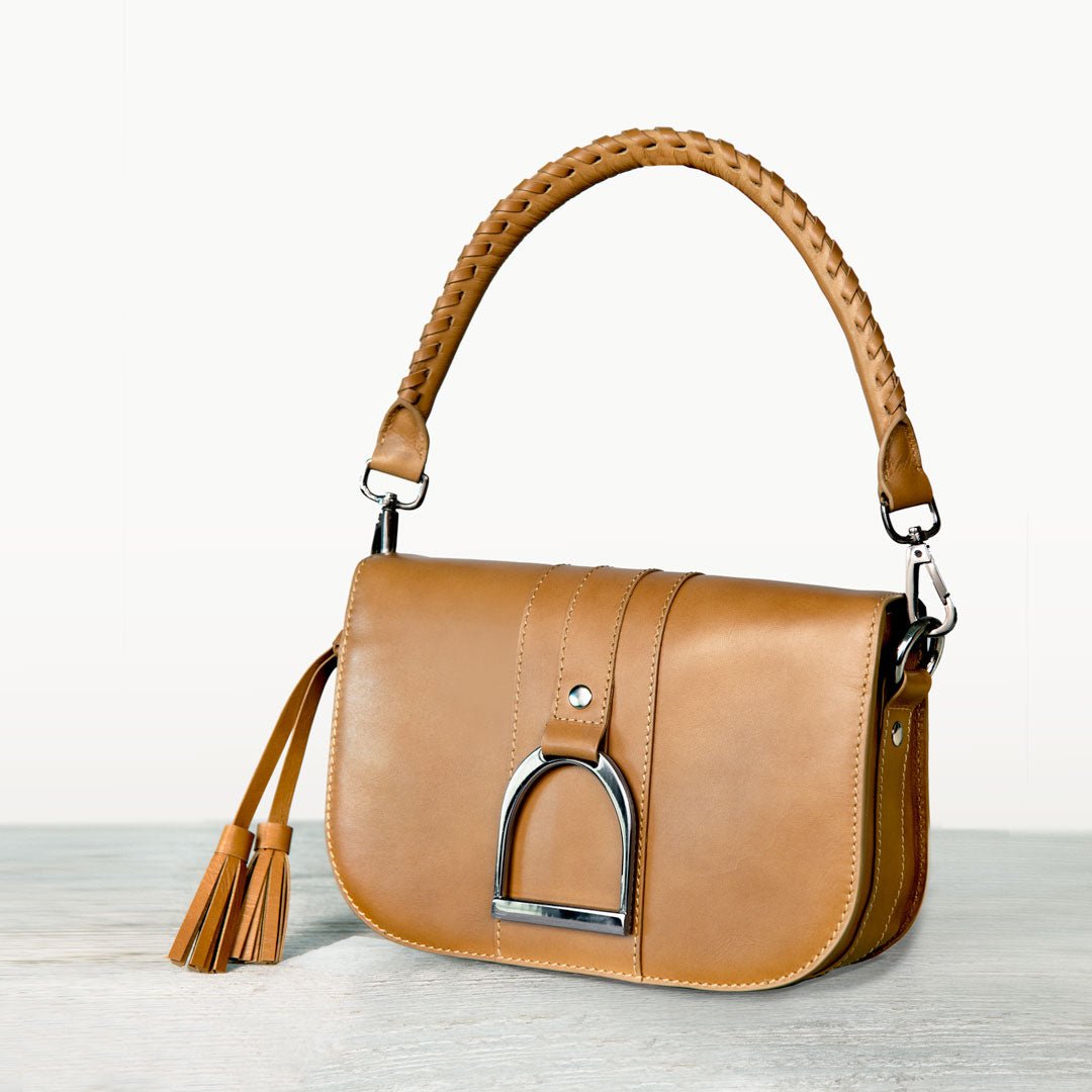 Urban Equestrian Signature Stirrup - Riding Stirrup Crossbody Luxury Leather Handbag in Caramel