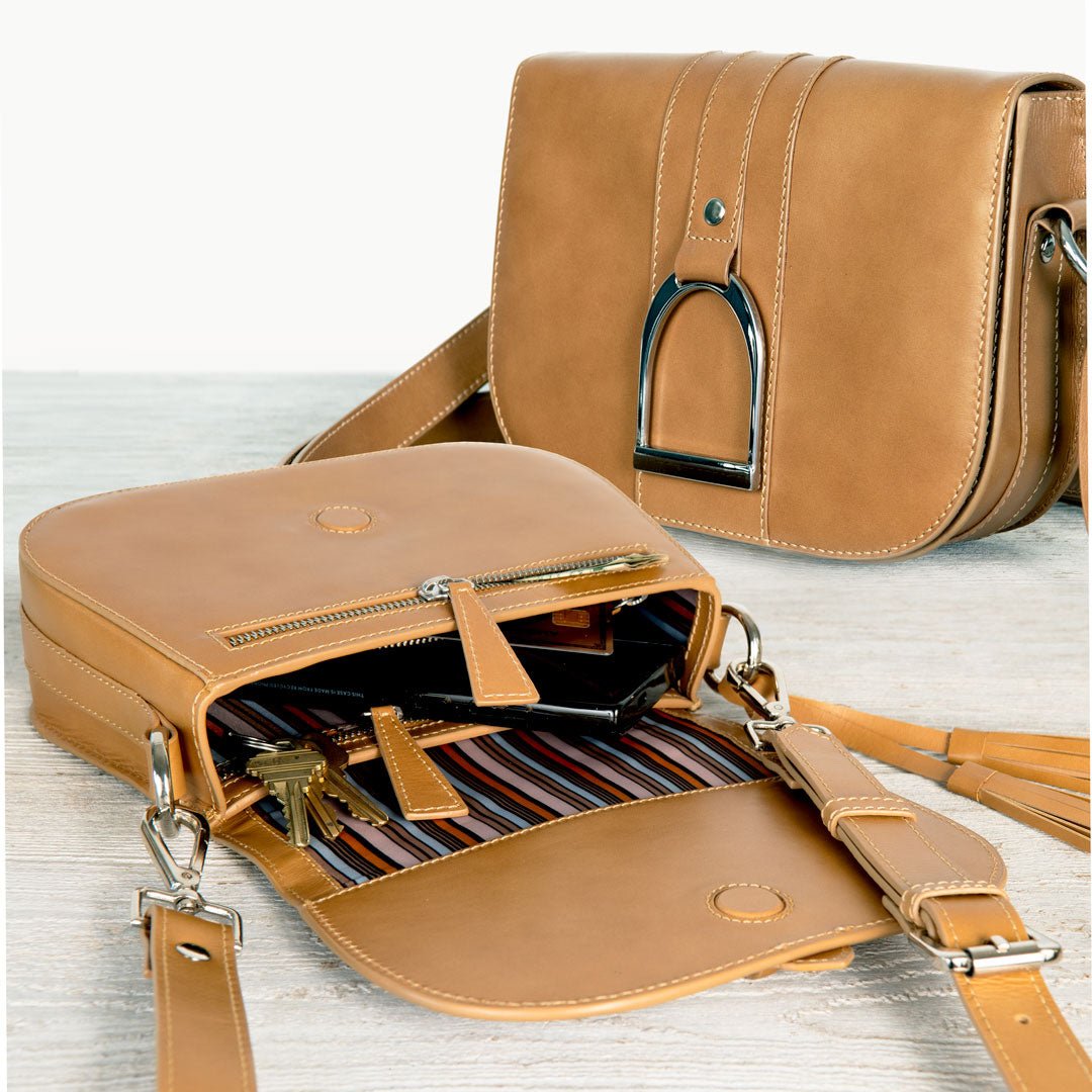 Urban Equestrian Signature Stirrup - Riding Stirrup Crossbody Luxury Leather Handbag in Caramel