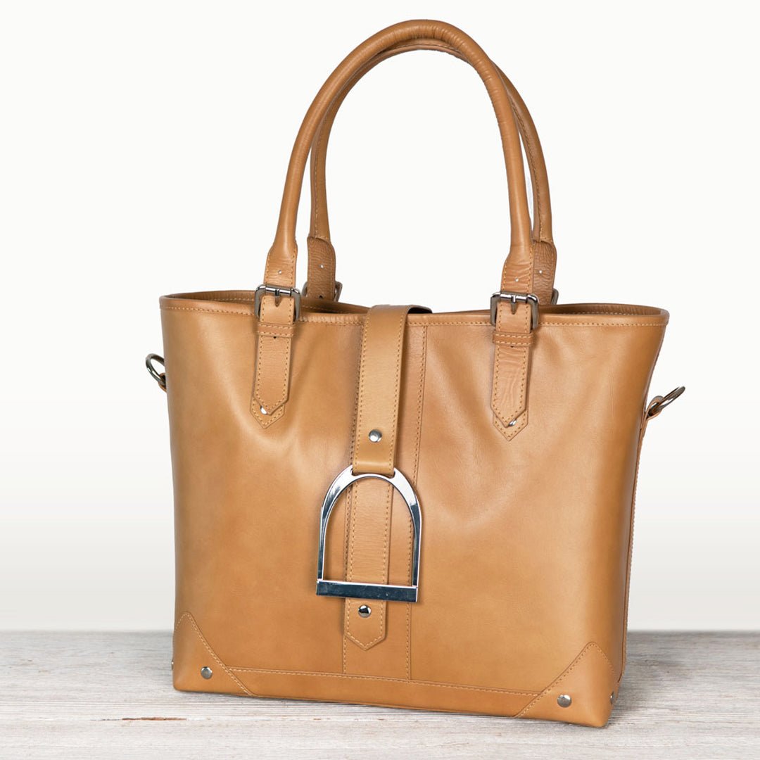 Urban Equestrian Signature - Riding Stirrup Tote Luxury Leather Handbag in Caramel
