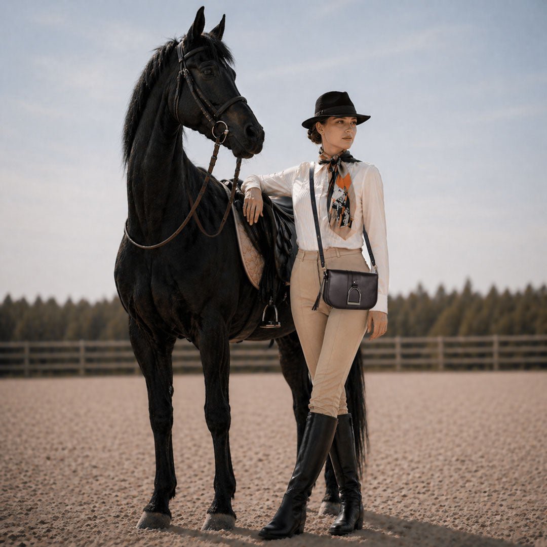 Urban Equestrian Signature Stirrup - Riding Stirrup Crossbody Luxury Leather Handbag in Black