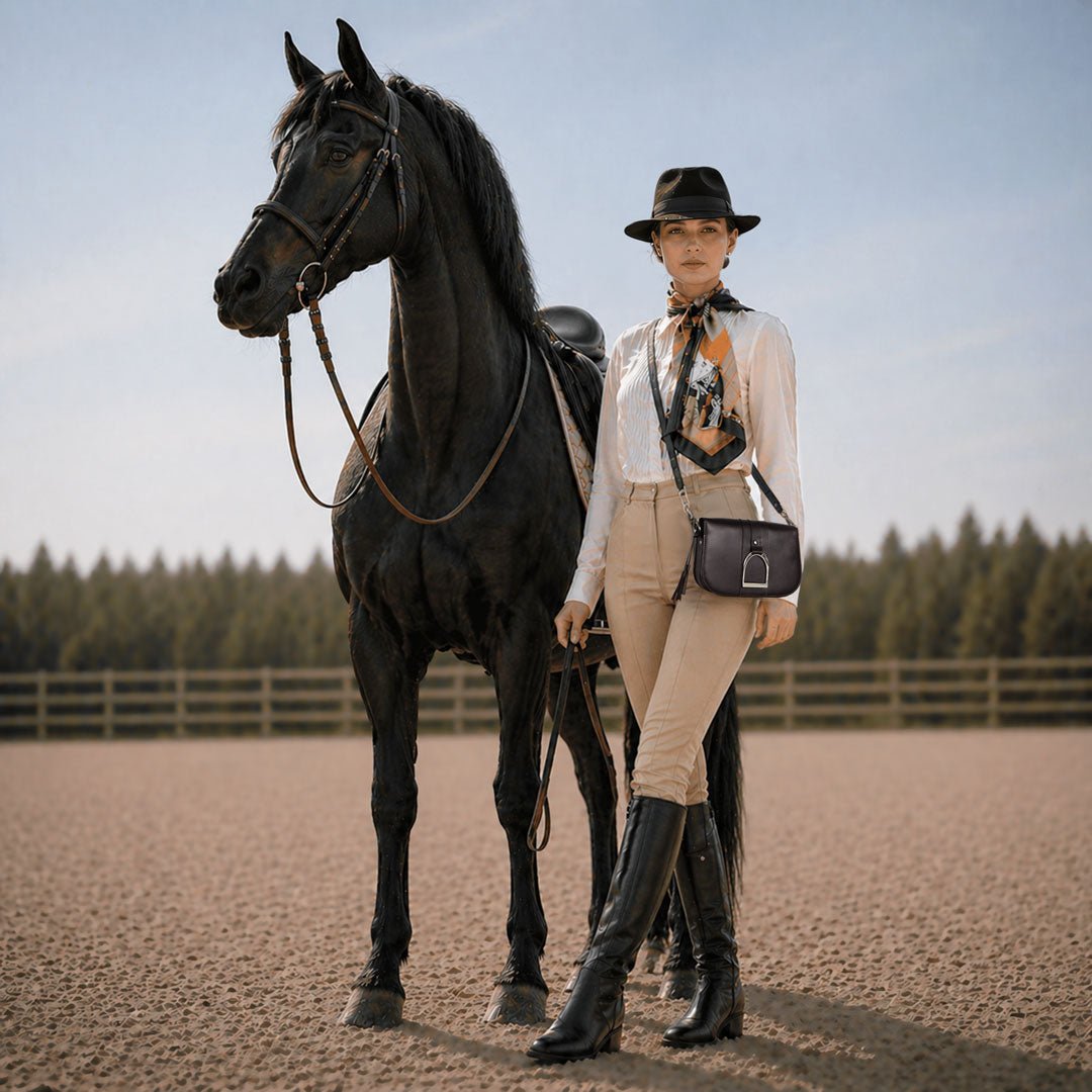 Urban Equestrian Signature Stirrup - Riding Stirrup Crossbody Luxury Leather Handbag in Black
