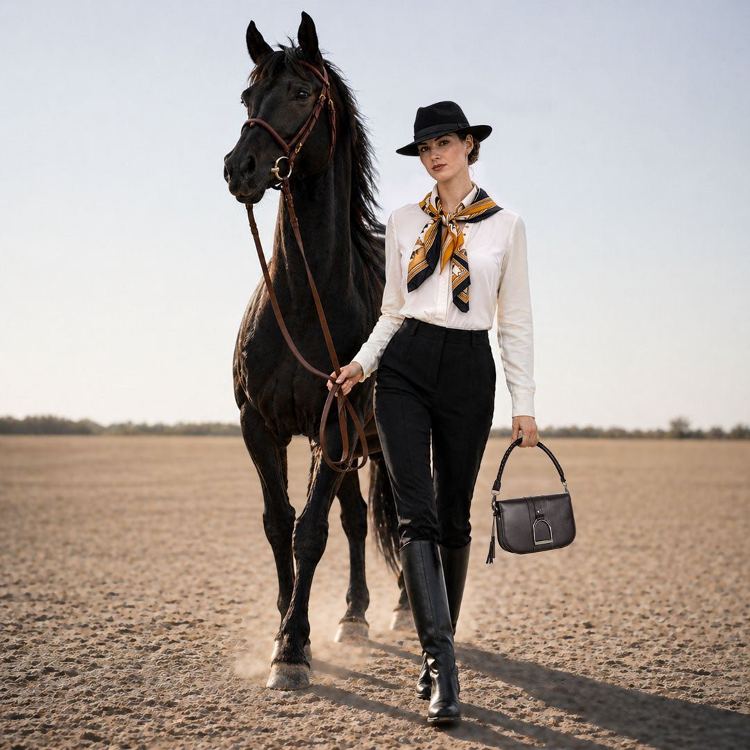 Urban Equestrian Signature Stirrup - Riding Stirrup Crossbody Luxury Leather Handbag in Black