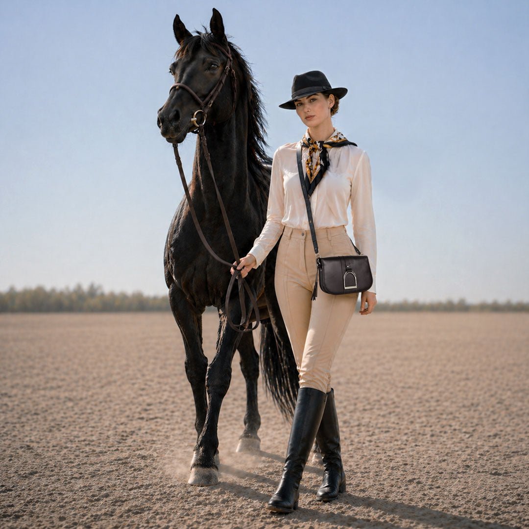 Urban Equestrian Signature Stirrup - Riding Stirrup Crossbody Luxury Leather Handbag in Black