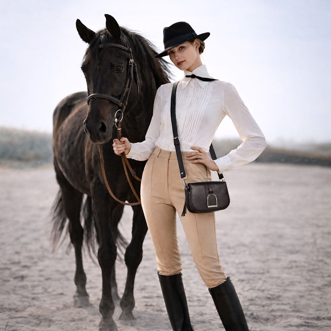 Urban Equestrian Signature Stirrup - Riding Stirrup Crossbody Luxury Leather Handbag in Black