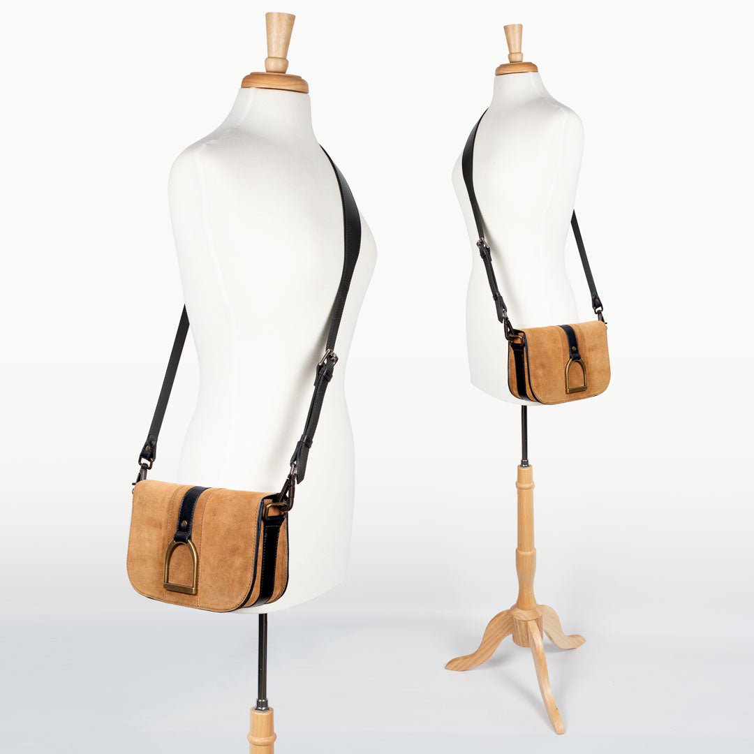 Urban Equestrian Signature Stirrup - Riding Stirrup Crossbody Luxury Leather Handbag in Black on Chestnut