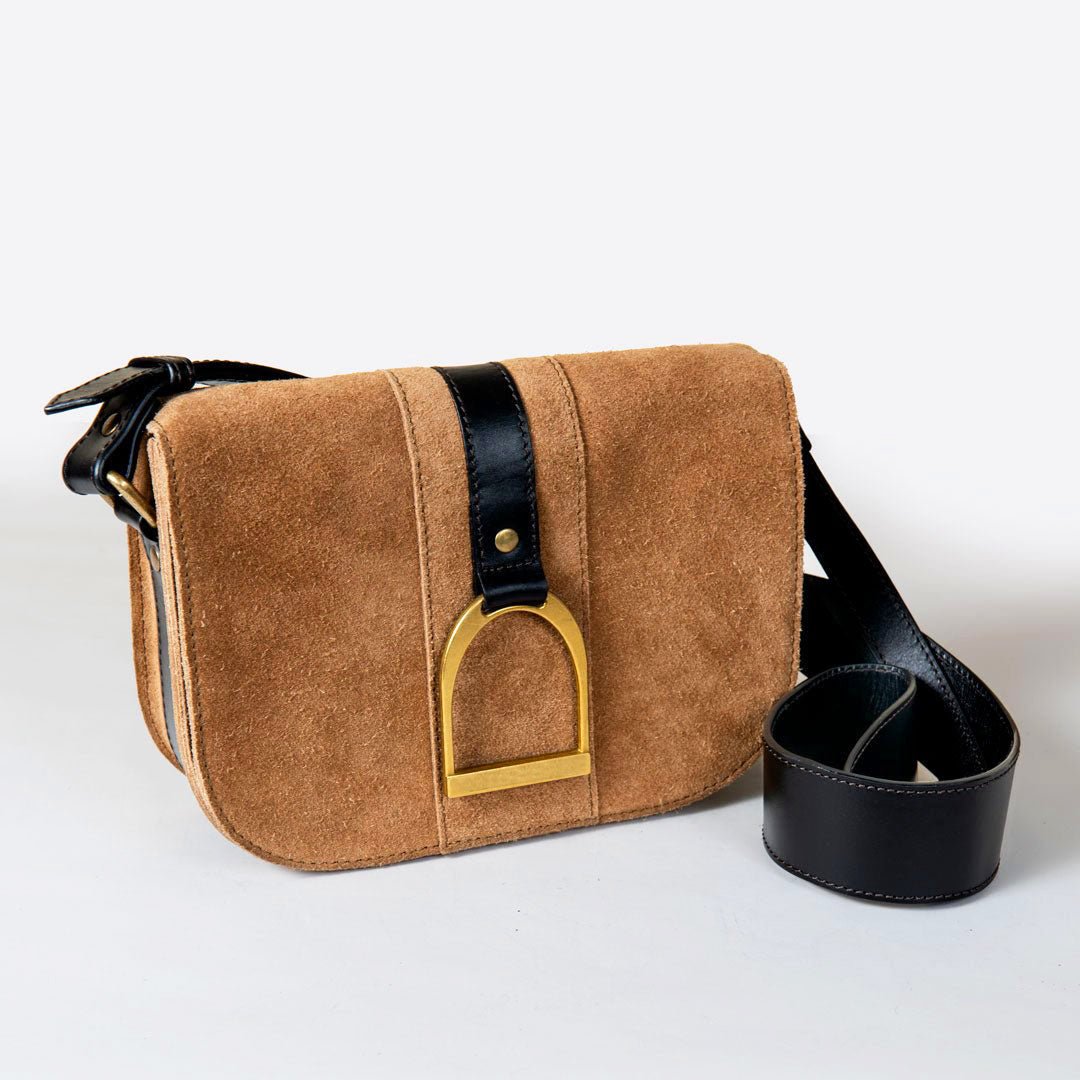 Urban Equestrian Signature Stirrup - Riding Stirrup Crossbody Luxury Leather Handbag in Black on Chestnut