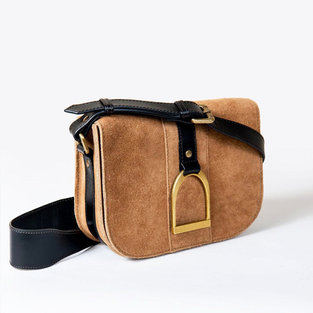 Urban Equestrian Signature Stirrup - Riding Stirrup Crossbody Luxury Leather Handbag in Black on Chestnut