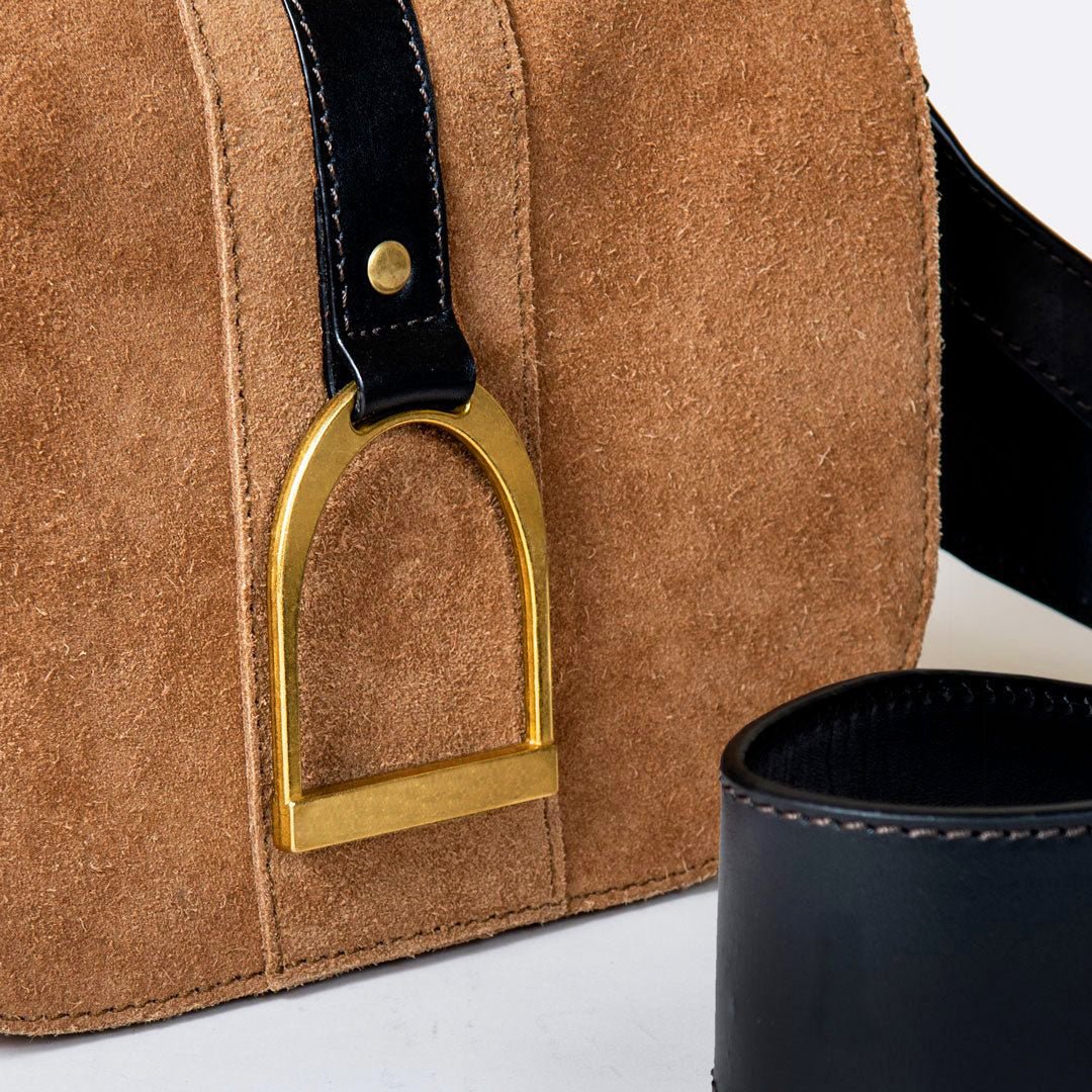Urban Equestrian Signature Stirrup - Riding Stirrup Crossbody Luxury Leather Handbag in Black on Chestnut